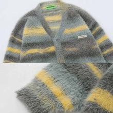 画像をギャラリービューアに読み込む, レトロな色合わせボーダーセーター女秋冬ゆったりVネックニットカーディガンコートロングセーターコート