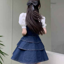 画像をギャラリービューアに読み込む, サマーシャツ サスペンダー デニムスカート 2点セットパフスリーブ ブラウス キャミソール デニム ジャンパースカート セットアップ 半袖