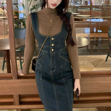 画像をギャラリービューアに読み込む, 韓国っぽ カジュアルワンピースストラップドレスフィッシュテールデニムスカート