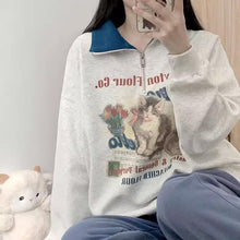 画像をギャラリービューアに読み込む, レトロカレッジラペル猫パーカーゆったりとした長袖ハーフジップかわいい漫画トップス