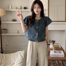 画像をギャラリービューアに読み込む, レトロ半袖デニムトップス韓国風ファッション外国風ラウンドネックルーズデニムシャツ