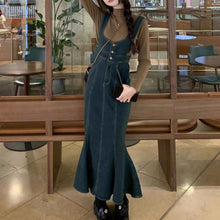 画像をギャラリービューアに読み込む, 韓国っぽ カジュアルワンピースストラップドレスフィッシュテールデニムスカート