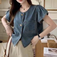画像をギャラリービューアに読み込む, レトロ半袖デニムトップス韓国風ファッション外国風ラウンドネックルーズデニムシャツ