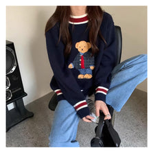 画像をギャラリービューアに読み込む, かわいい韓国っぱ刺繍入りベアカラーブロック ストライプVネックニットセーターレデイーズ