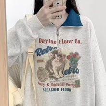 画像をギャラリービューアに読み込む, レトロカレッジラペル猫パーカーゆったりとした長袖ハーフジップかわいい漫画トップス