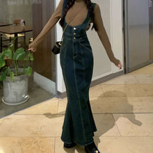 画像をギャラリービューアに読み込む, 韓国っぽ カジュアルワンピースストラップドレスフィッシュテールデニムスカート