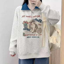 画像をギャラリービューアに読み込む, レトロカレッジラペル猫パーカーゆったりとした長袖ハーフジップかわいい漫画トップス