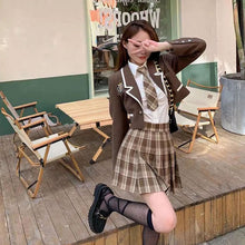 画像をギャラリービューアに読み込む, 3点セット仮装 ハロウィンJK制服スーツカレッジ風ジャケット シャツ チェック柄 プリーツスカートワンピース