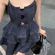 画像をギャラリービューアに読み込む, サマーシャツ サスペンダー デニムスカート 2点セットパフスリーブ ブラウス キャミソール デニム ジャンパースカート セットアップ 半袖