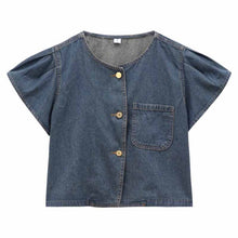 画像をギャラリービューアに読み込む, レトロ半袖デニムトップス韓国風ファッション外国風ラウンドネックルーズデニムシャツ