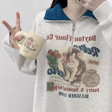 画像をギャラリービューアに読み込む, レトロカレッジラペル猫パーカーゆったりとした長袖ハーフジップかわいい漫画トップス