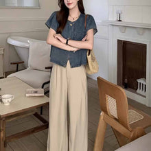 画像をギャラリービューアに読み込む, レトロ半袖デニムトップス韓国風ファッション外国風ラウンドネックルーズデニムシャツ