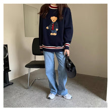 画像をギャラリービューアに読み込む, かわいい韓国っぱ刺繍入りベアカラーブロック ストライプVネックニットセーターレデイーズ