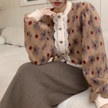 画像をギャラリービューアに読み込む, レトロ花の継ぎ合わせニットセーターショート長袖トップスフレンチレトロトップス