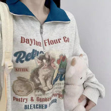 画像をギャラリービューアに読み込む, レトロカレッジラペル猫パーカーゆったりとした長袖ハーフジップかわいい漫画トップス
