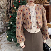 画像をギャラリービューアに読み込む, レトロ花の継ぎ合わせニットセーターショート長袖トップスフレンチレトロトップス