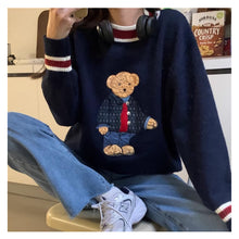 画像をギャラリービューアに読み込む, かわいい韓国っぱ刺繍入りベアカラーブロック ストライプVネックニットセーターレデイーズ