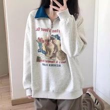 画像をギャラリービューアに読み込む, レトロカレッジラペル猫パーカーゆったりとした長袖ハーフジップかわいい漫画トップス