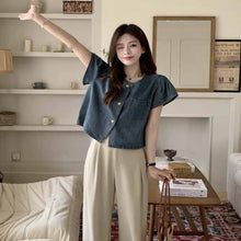 画像をギャラリービューアに読み込む, レトロ半袖デニムトップス韓国風ファッション外国風ラウンドネックルーズデニムシャツ