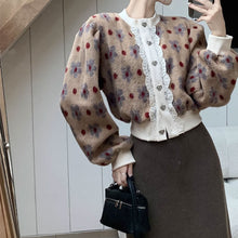 画像をギャラリービューアに読み込む, レトロ花の継ぎ合わせニットセーターショート長袖トップスフレンチレトロトップス