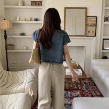 画像をギャラリービューアに読み込む, レトロ半袖デニムトップス韓国風ファッション外国風ラウンドネックルーズデニムシャツ