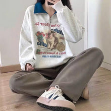 画像をギャラリービューアに読み込む, レトロカレッジラペル猫パーカーゆったりとした長袖ハーフジップかわいい漫画トップス