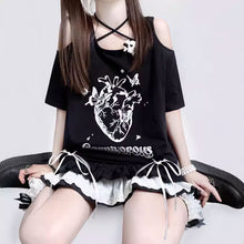 画像をギャラリービューアに読み込む, デザインゆったりミドル丈Tシャツオープンショルダー ボウタイ Tシャツ原宿系ダンス洋服