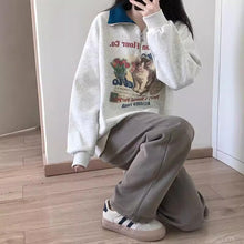 画像をギャラリービューアに読み込む, レトロカレッジラペル猫パーカーゆったりとした長袖ハーフジップかわいい漫画トップス