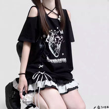 画像をギャラリービューアに読み込む, デザインゆったりミドル丈Tシャツオープンショルダー ボウタイ Tシャツ原宿系ダンス洋服