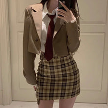 画像をギャラリービューアに読み込む, カレッジスタイルスーツ英国風夏 3点セット ジャケット シャツ スカート韓国っぽ