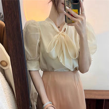 画像をギャラリービューアに読み込む, 韓国っぱ半袖 おしゃれアーリボンブラウスシャツトップスファッション通勤シャツ