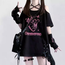 画像をギャラリービューアに読み込む, デザインゆったりミドル丈Tシャツオープンショルダー ボウタイ Tシャツ原宿系ダンス洋服