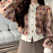 画像をギャラリービューアに読み込む, レトロ花の継ぎ合わせニットセーターショート長袖トップスフレンチレトロトップス