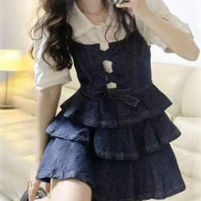 画像をギャラリービューアに読み込む, サマーシャツ サスペンダー デニムスカート 2点セットパフスリーブ ブラウス キャミソール デニム ジャンパースカート セットアップ 半袖