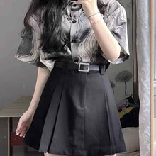 画像をギャラリービューアに読み込む, 夏のトレンド半袖シャツスカート2点セットペイント風 シャツ ハイウエスト プリーツスカート セットアップ トップス 半袖 モノトーン ボトムス ミニスカート