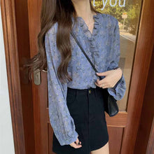 画像をギャラリービューアに読み込む, ファッション小花柄長袖シャツvネック 小柄 フリルランタンスリーブ