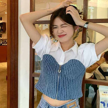 画像をギャラリービューアに読み込む, デニムステッチ半袖フェイクツーピースシャツレディースサマーパフスリーブ半袖トップスリムフィットカジュアルイントレンディトップ