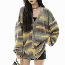 画像をギャラリービューアに読み込む, レトロな色合わせボーダーセーター女秋冬ゆったりVネックニットカーディガンコートロングセーターコート