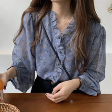 画像をギャラリービューアに読み込む, ファッション小花柄長袖シャツvネック 小柄 フリルランタンスリーブ