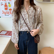 画像をギャラリービューアに読み込む, ファッション小花柄長袖シャツvネック 小柄 フリルランタンスリーブ