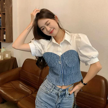 画像をギャラリービューアに読み込む, デニムステッチ半袖フェイクツーピースシャツレディースサマーパフスリーブ半袖トップスリムフィットカジュアルイントレンディトップ