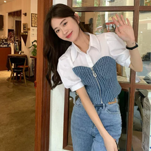 画像をギャラリービューアに読み込む, デニムステッチ半袖フェイクツーピースシャツレディースサマーパフスリーブ半袖トップスリムフィットカジュアルイントレンディトップ