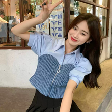 画像をギャラリービューアに読み込む, デニムステッチ半袖フェイクツーピースシャツレディースサマーパフスリーブ半袖トップスリムフィットカジュアルイントレンディトップ
