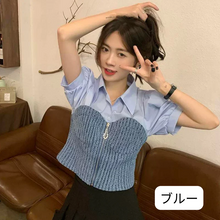 画像をギャラリービューアに読み込む, デニムステッチ半袖フェイクツーピースシャツレディースサマーパフスリーブ半袖トップスリムフィットカジュアルイントレンディトップ