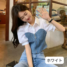 画像をギャラリービューアに読み込む, デニムステッチ半袖フェイクツーピースシャツレディースサマーパフスリーブ半袖トップスリムフィットカジュアルイントレンディトップ