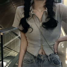 画像をギャラリービューアに読み込む, 半袖 Tシャツ レディース 夏 ダブル ジッパー 半袖 トップス イン トレンド スリム ポロカラー ショート トップ