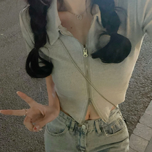 画像をギャラリービューアに読み込む, 半袖 Tシャツ レディース 夏 ダブル ジッパー 半袖 トップス イン トレンド スリム ポロカラー ショート トップ