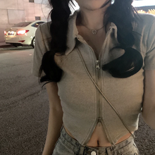 画像をギャラリービューアに読み込む, 半袖 Tシャツ レディース 夏 ダブル ジッパー 半袖 トップス イン トレンド スリム ポロカラー ショート トップ