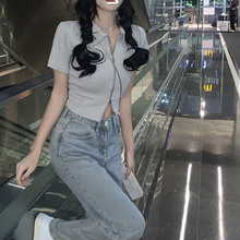 画像をギャラリービューアに読み込む, 半袖 Tシャツ レディース 夏 ダブル ジッパー 半袖 トップス イン トレンド スリム ポロカラー ショート トップ