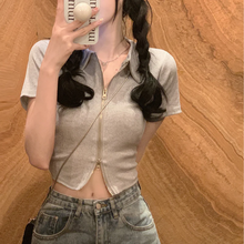 画像をギャラリービューアに読み込む, 半袖 Tシャツ レディース 夏 ダブル ジッパー 半袖 トップス イン トレンド スリム ポロカラー ショート トップ